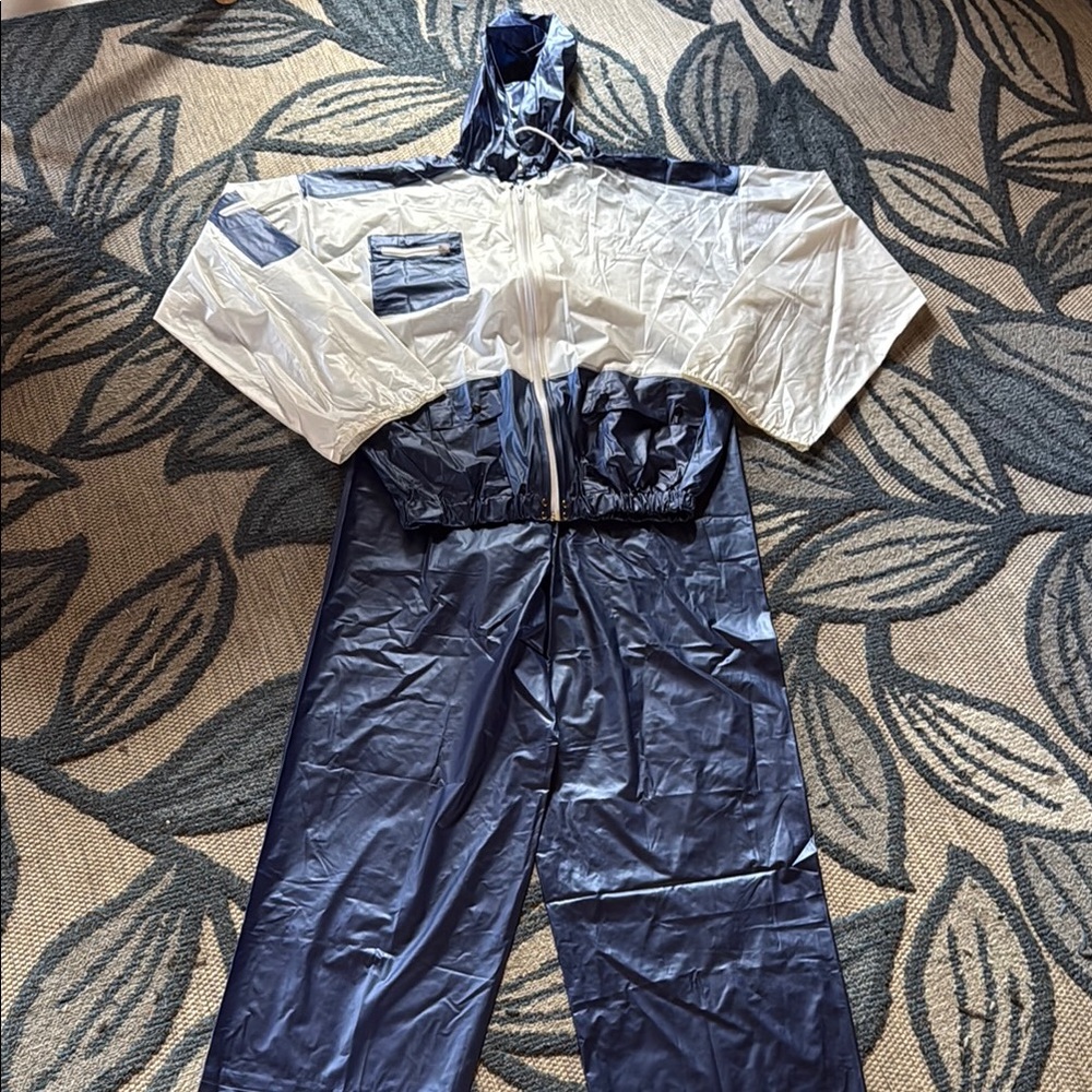 Vintage Austads Two-Tone blue white Hooded Rain Suit jacket and pants small